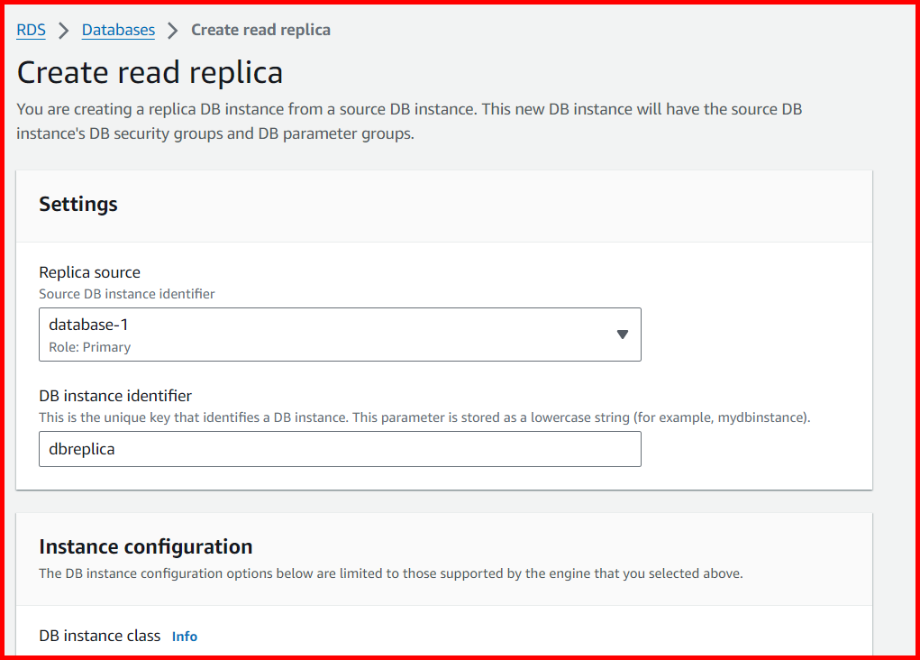 Picture showing the create read replica screen